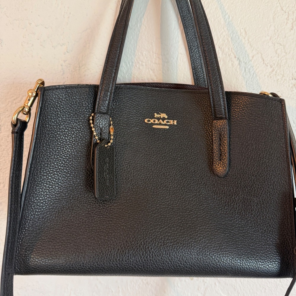 Coach Charlie Carryall 28 Black Pebbled Leather Satchel Crossbody Bag 29529